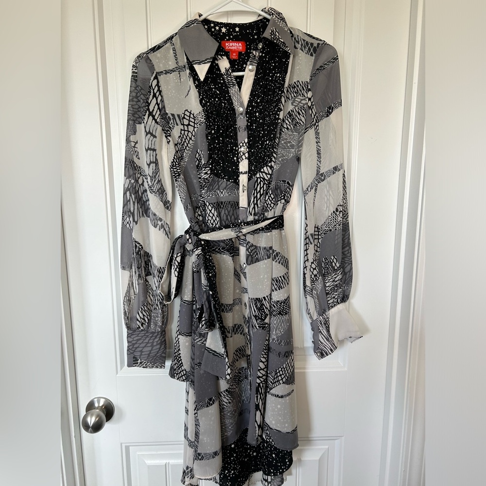 Long Sleeve Dress - Black, Gray, White - unique, fun pattern - xs